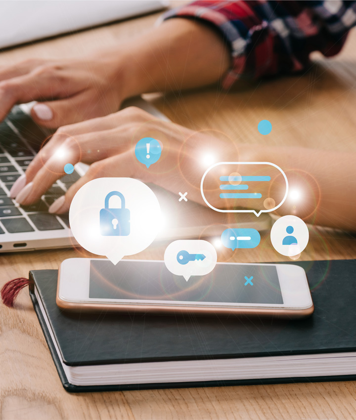 Cyber security infographic over women typing and mobile phone